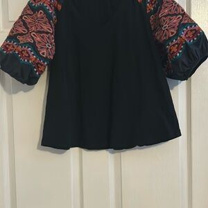 THML Black Blouse with Multicolor Embroidered Sleeves